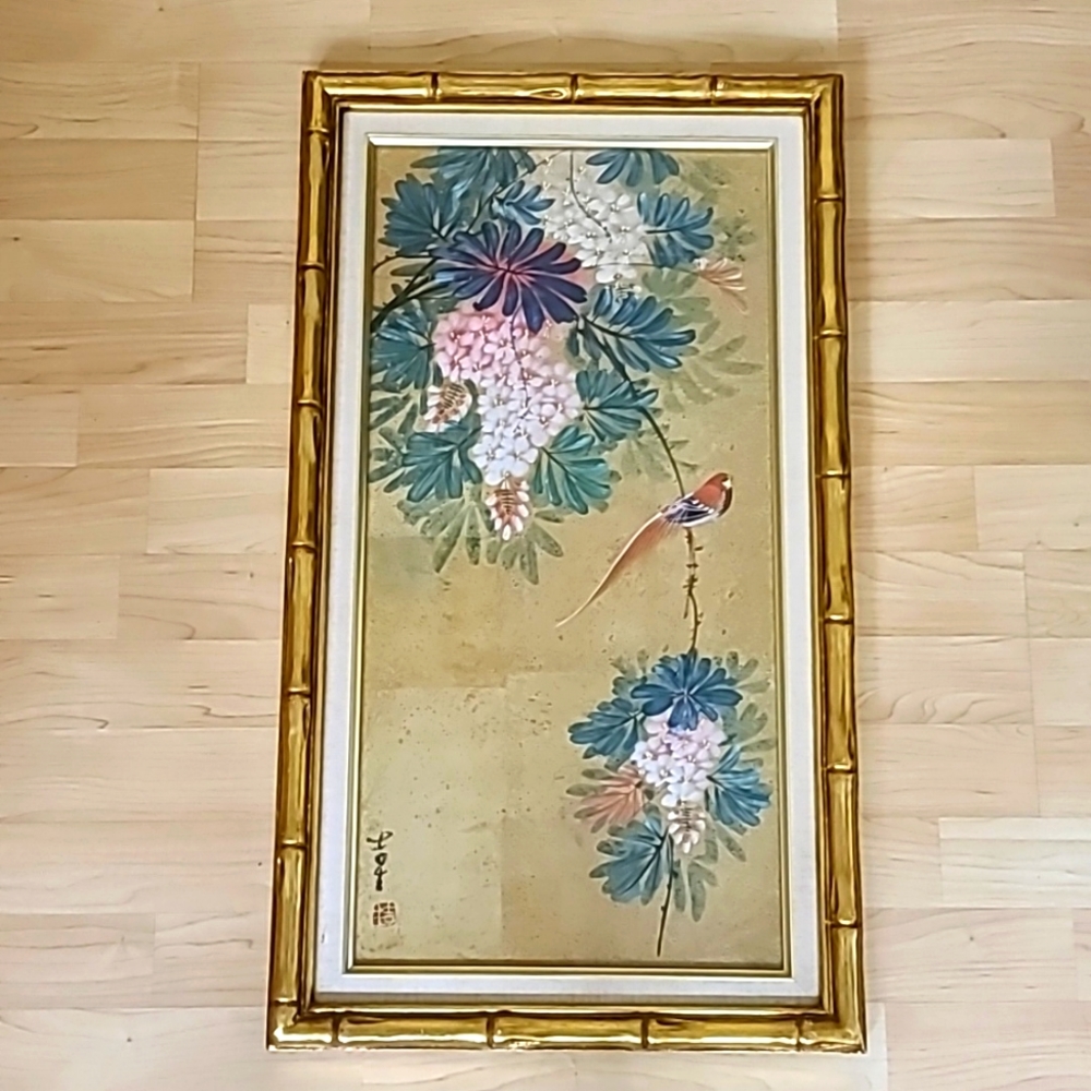 Vintage Chinese Panel Watercolor Painting Red Birds & Flowers Signed